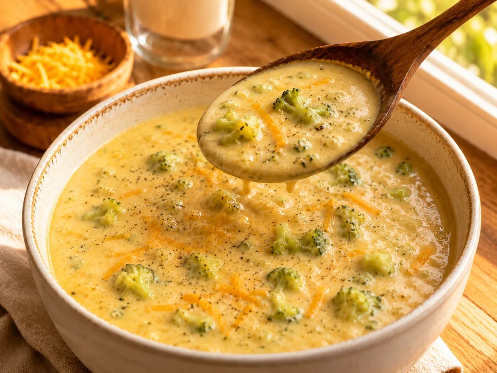 best high protein broccoli cheddar soup final image
