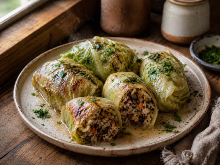 cabbage dumplings with mushroom and rice main image