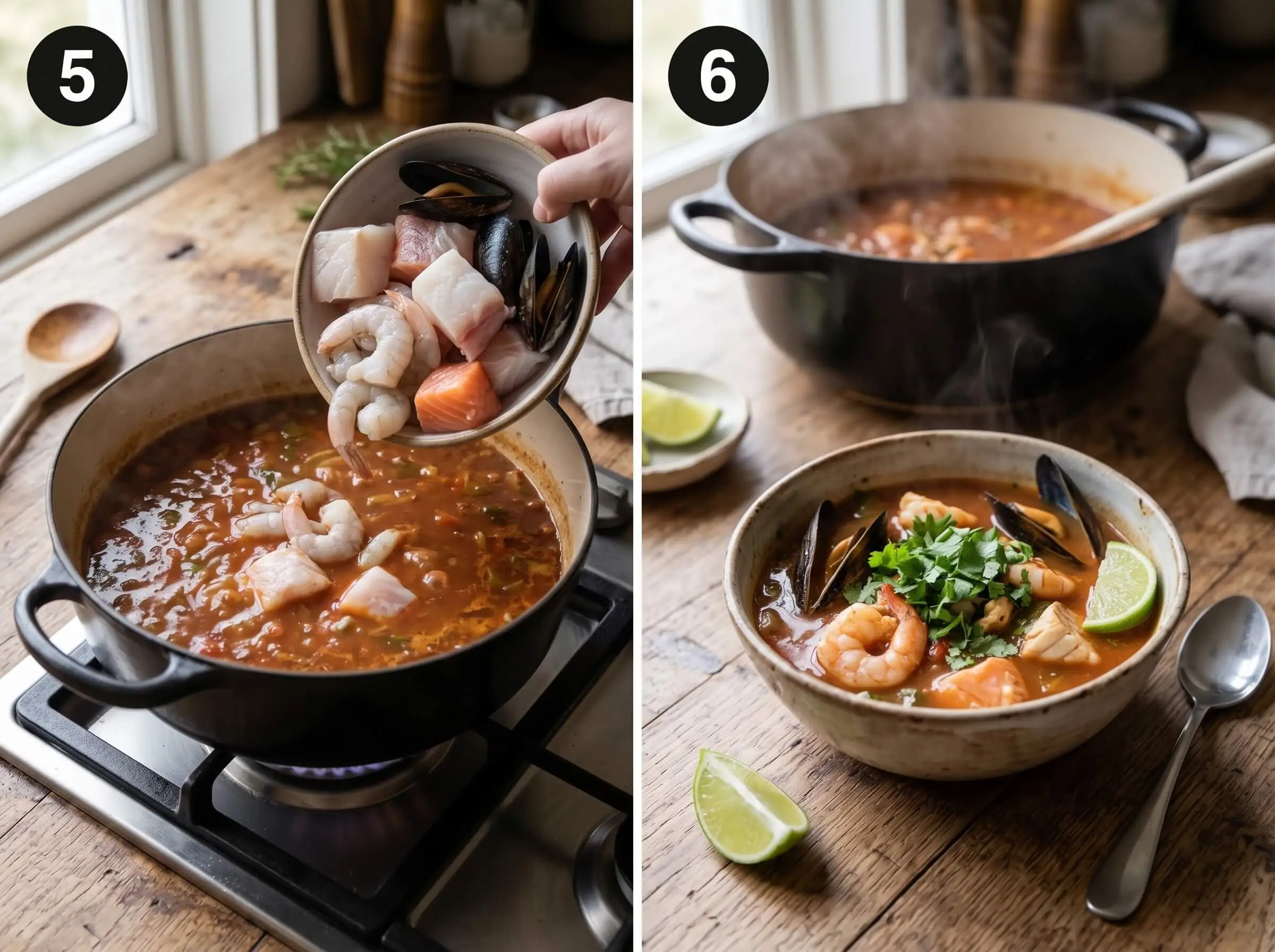 sopa de mariscos Add the Seafood and Finish