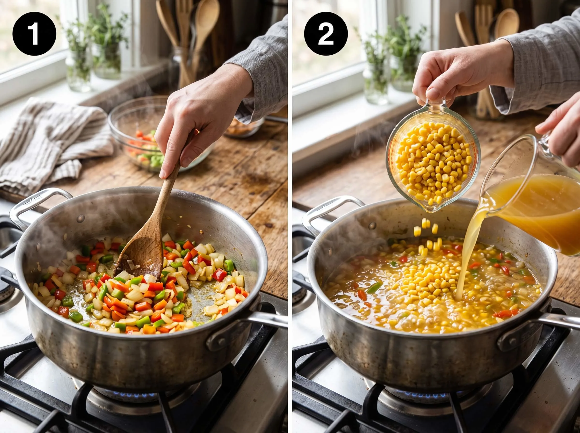 shrimp and corn soup Sauté the Aromatics and Build the Broth