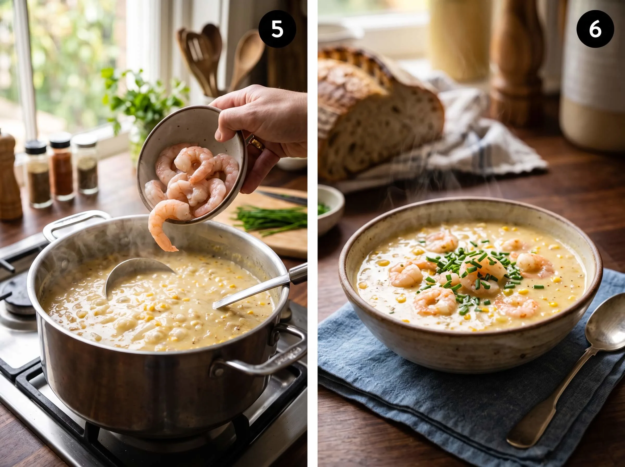 shrimp and corn soup Add the Shrimp and Finish