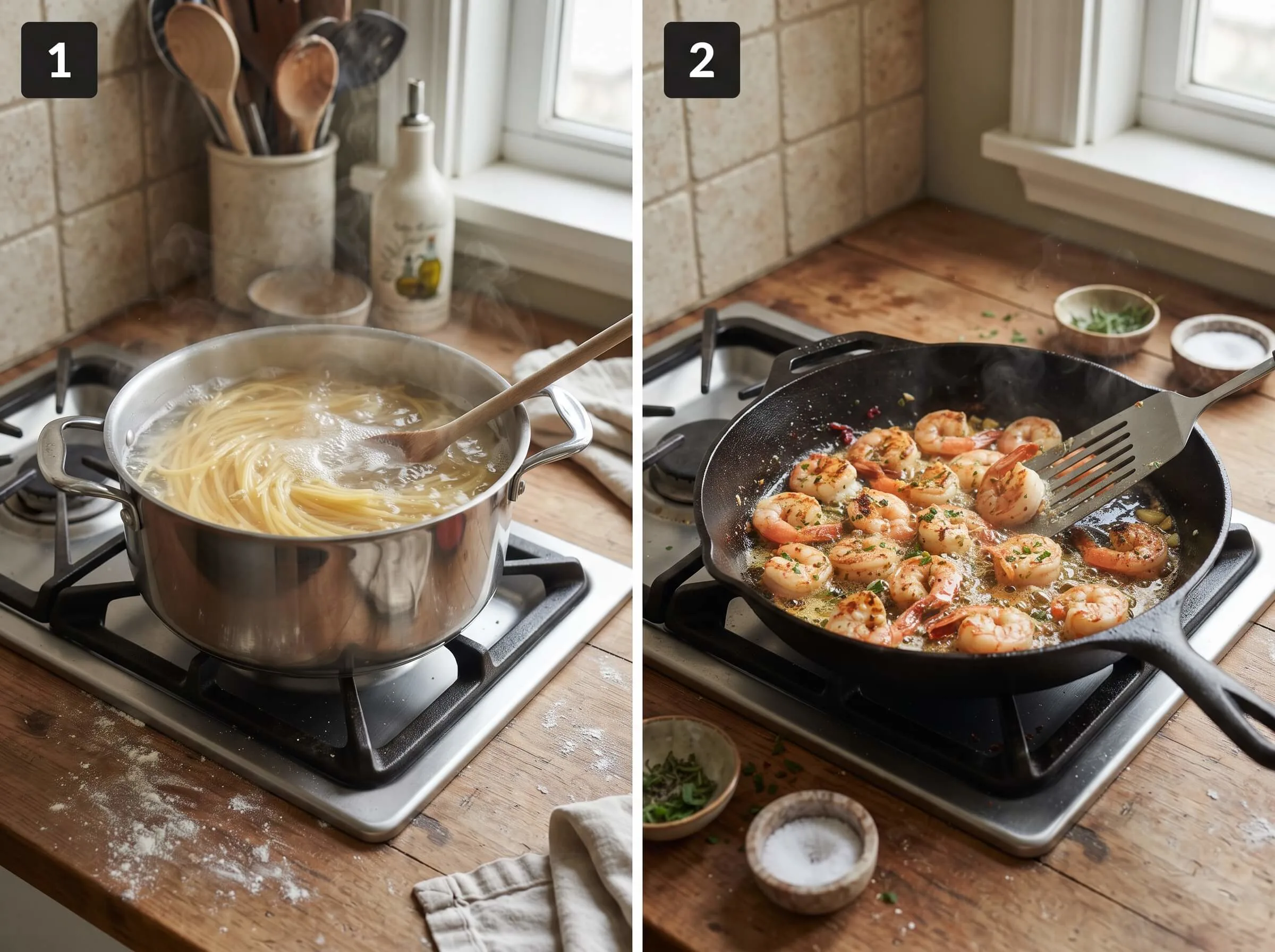 easy shrimp scampi recipe Cook the Pasta and Sear the Shrimp