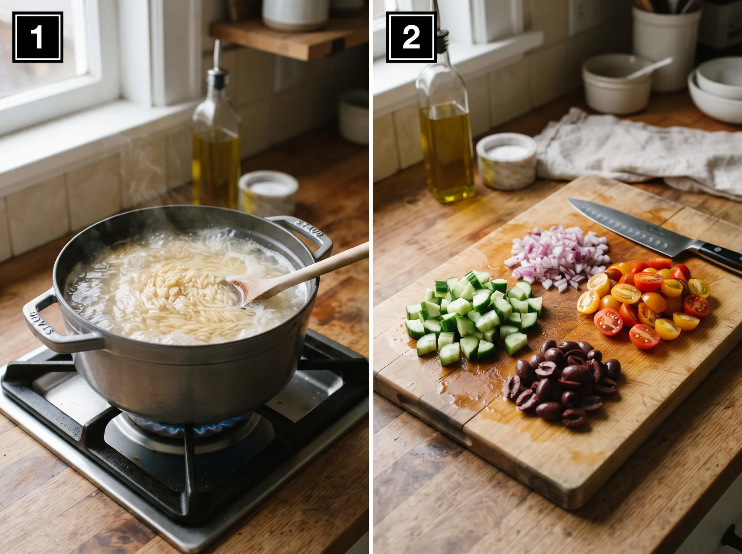 greek orzo salad Cook the Orzo and Prep the Vegetables