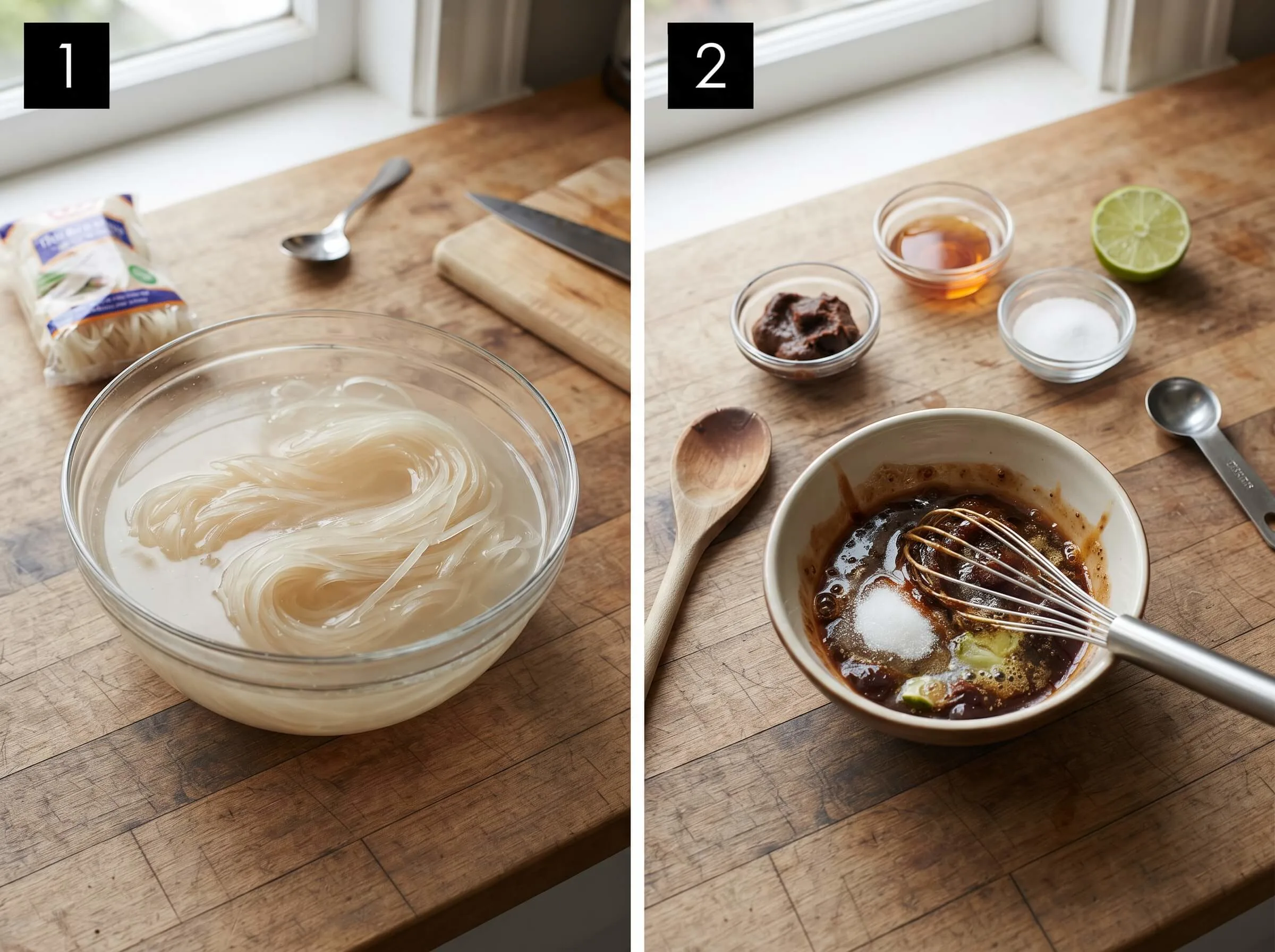 pad thai recipe Soak the Noodles and Mix the Sauce