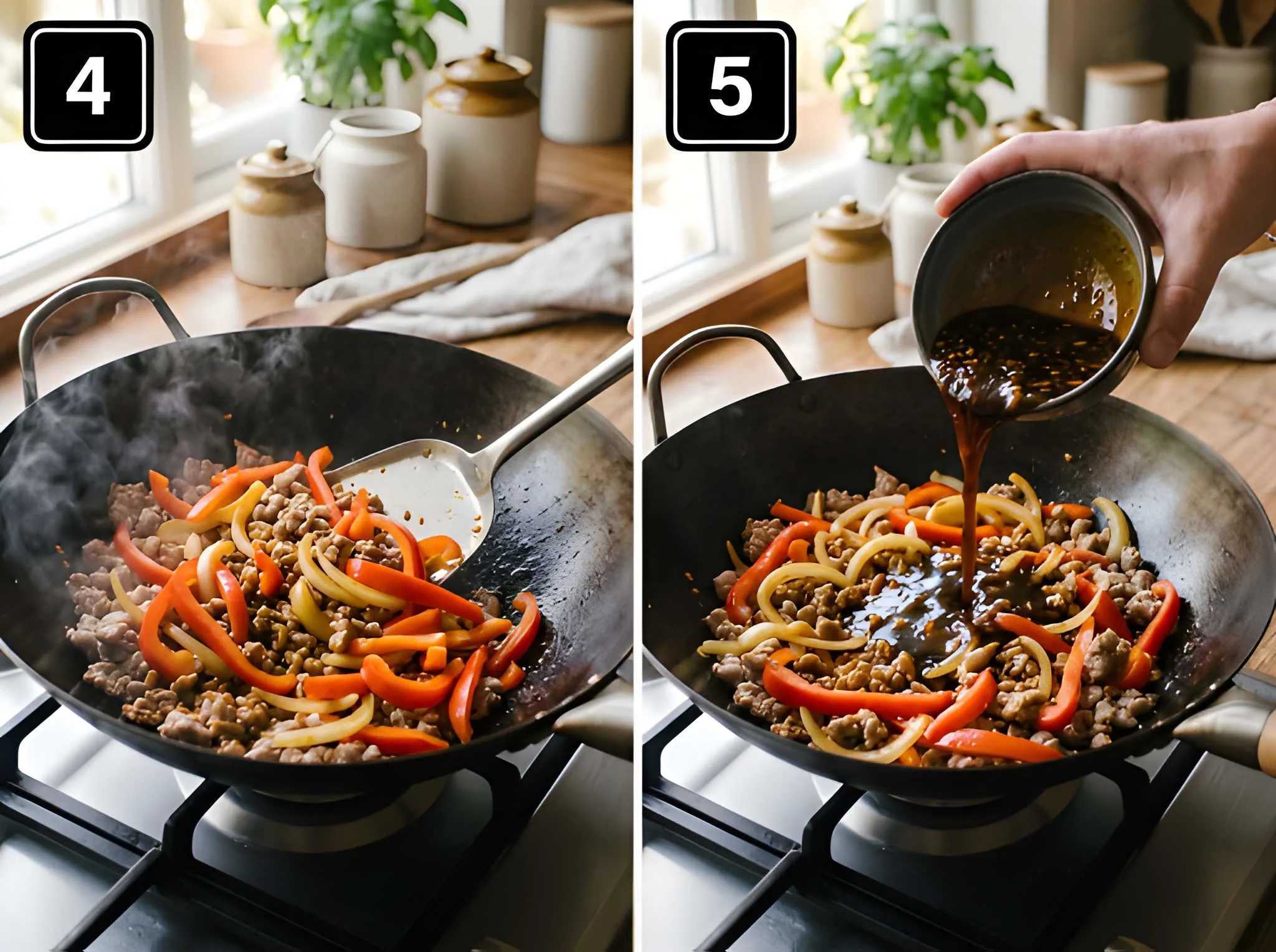 pad kra pao recipe Add Vegetables and Sauce