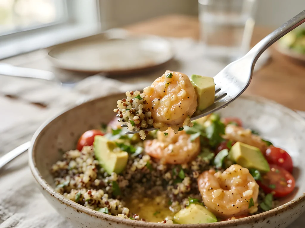 Garlic Butter Shrimp Quinoa final result Bowl