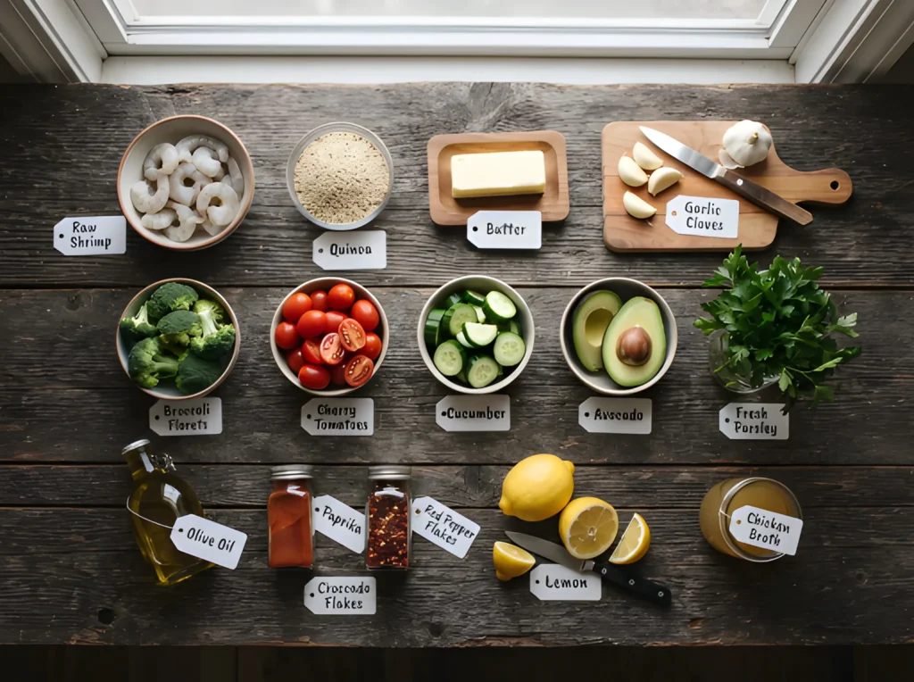Garlic Butter Shrimp Quinoa Bowl ingredients